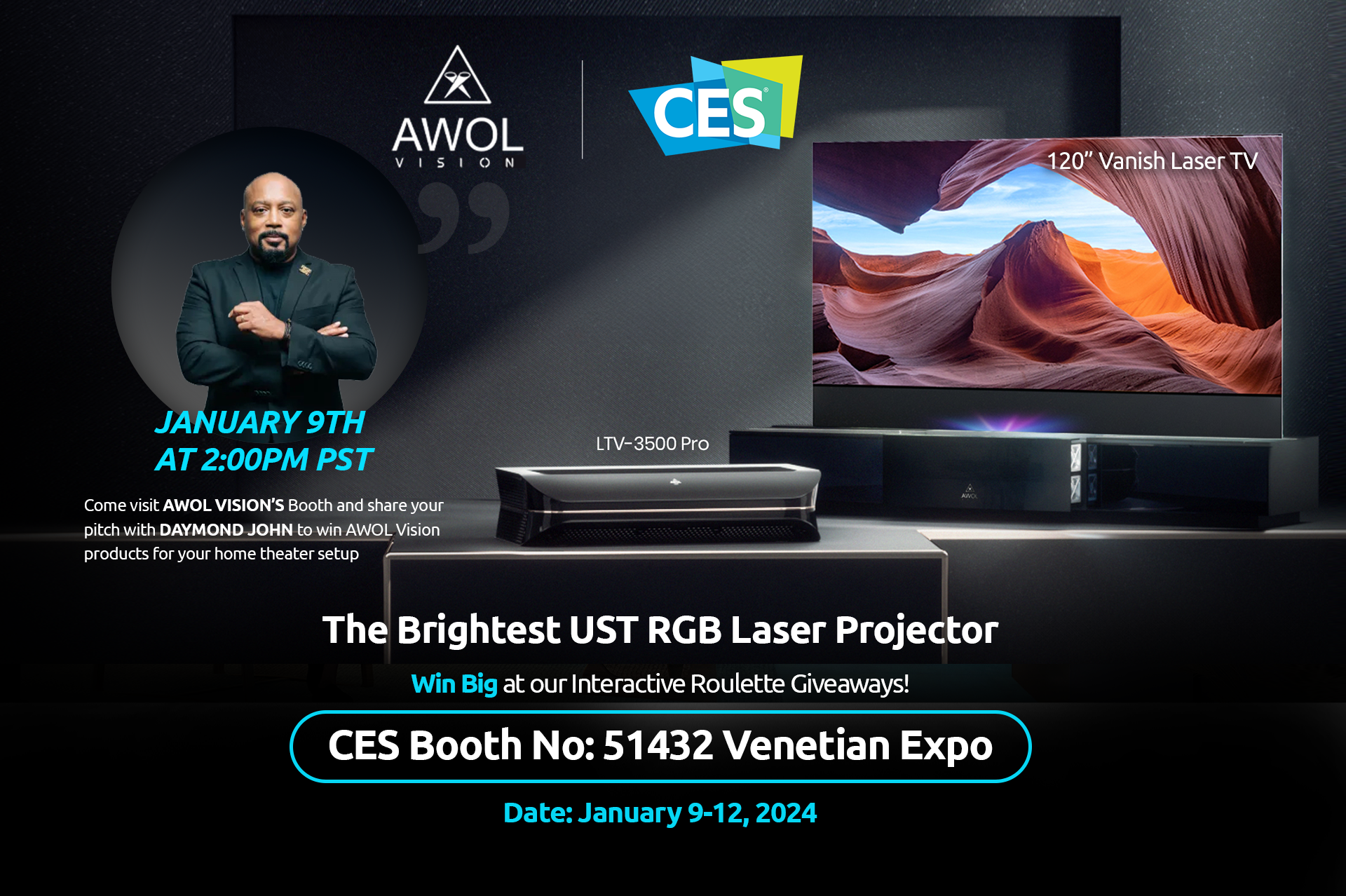 AWOL Vision Unveils Cutting-Edge Home Theater Projectors at CES 2024: Pitch Daymond John for a Chance to Win a Total of $50,000 Worth of Products