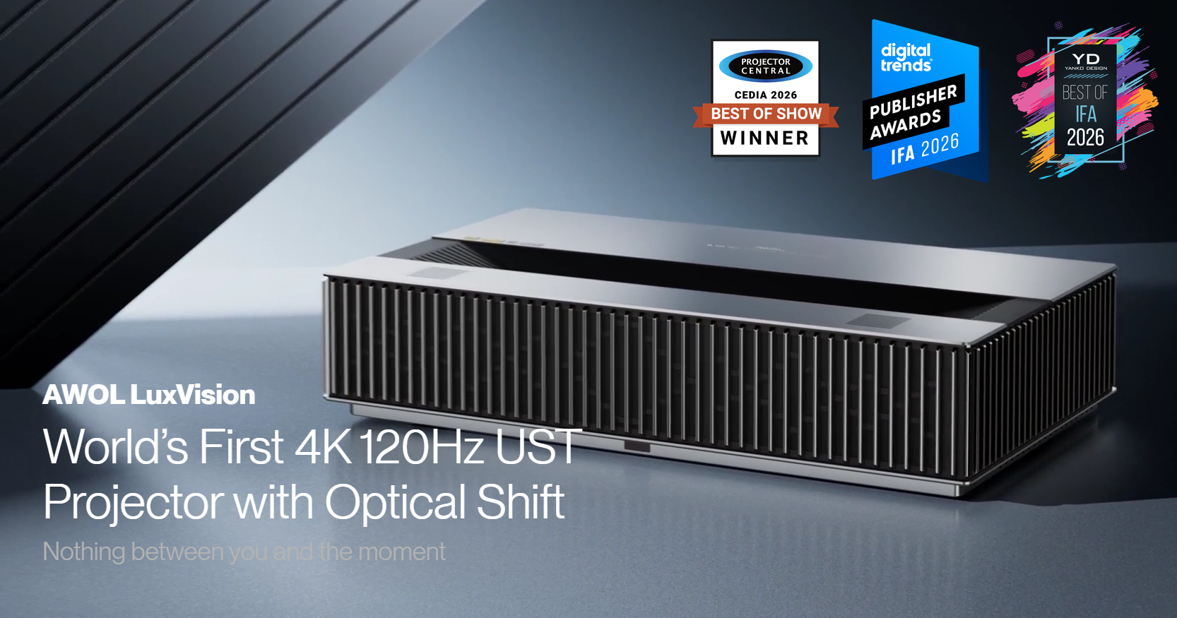 Award-winning LuxVision - World's First 4K 120Hz UST Projector with Optical Shift.