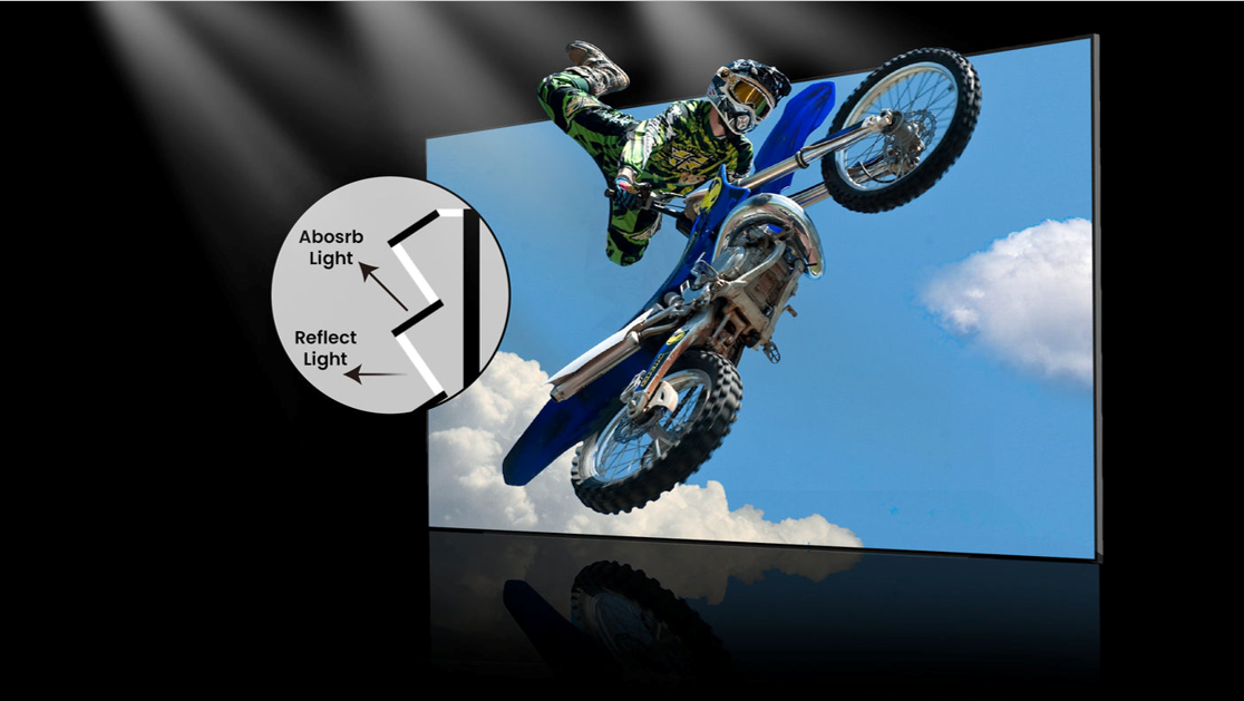 An illustration of a dirt bike jumping out of a large screen, with a magnified diagram showing how the Ambient Light Rejecting (ALR) material absorbs ambient light while reflecting projected light.