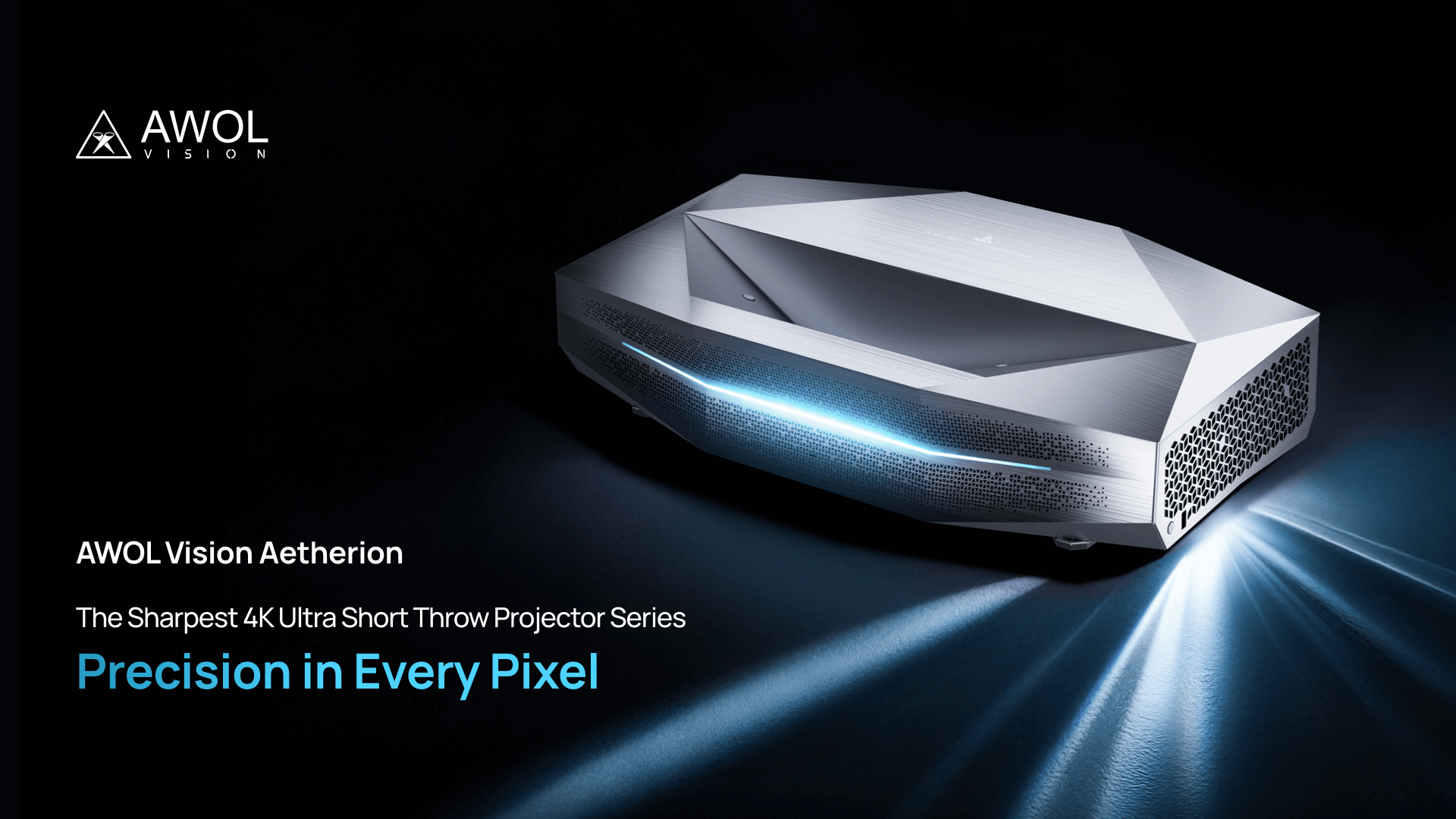 The metallic AWOL Vision Aetherion triple laser projector displayed with blue light accents and the campaign slogan "Precision in Every Pixel."