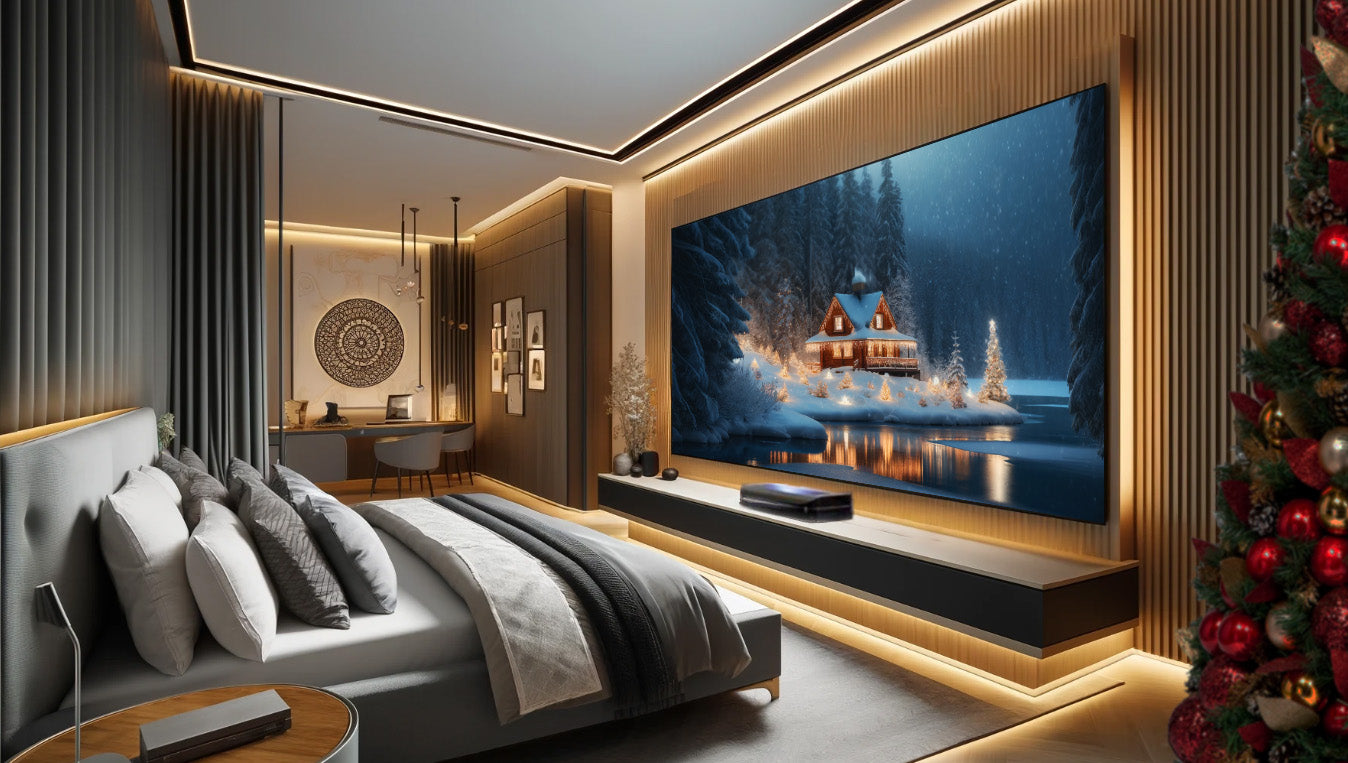 A cozy bedroom decorated for winter with a large projected image of a snowy cabin scene on the wall, showing a minimalist projector setup.