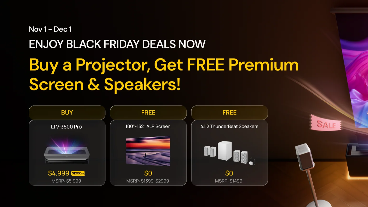 A Black Friday projector deals banner showing a UST projector setup with text promoting a "Buy a Projector, Get FREE Premium Screen & Speakers" sale.