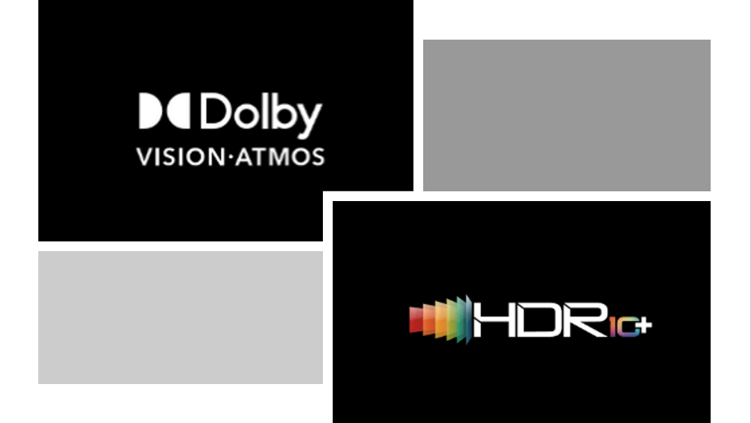 A collage featuring the official logos for Dolby Vision Atmos and HDR10+, representing the leading dynamic HDR formats for home theater.