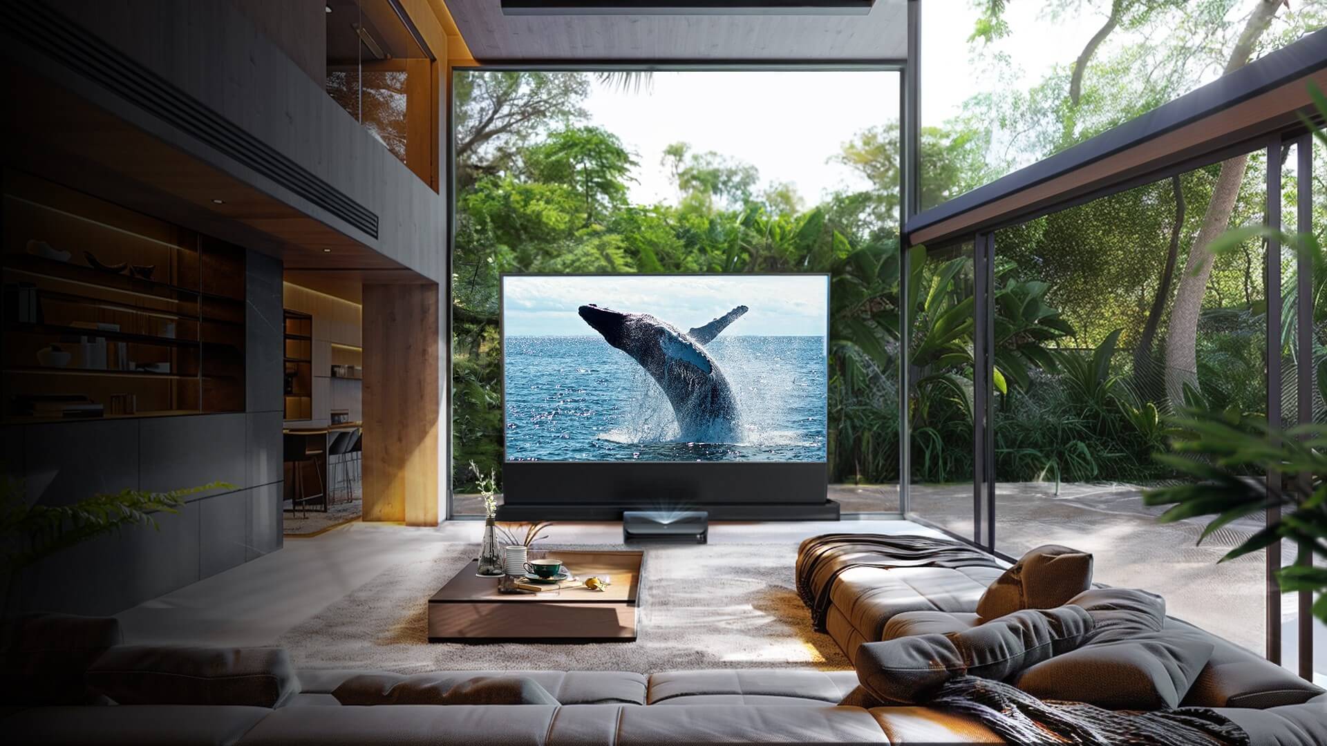 High-definition projector showing a breaching whale on a large screen in a luxurious living room with a view of lush greenery.