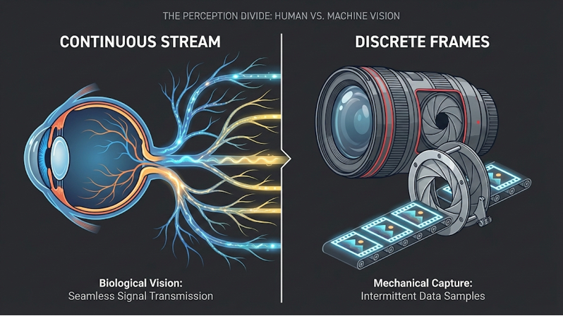 An infographic comparing the continuous signal transmission of the human eye against the intermittent shutter mechanism of a camera to illustrate frame rate differences.