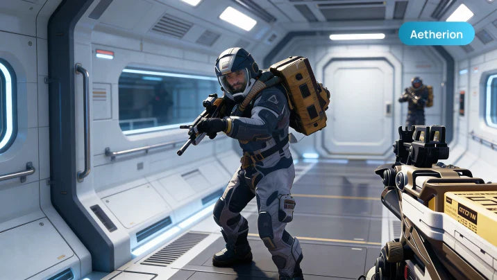 A high-definition first-person shooter gameplay screenshot displayed on an Aetherion projector, showing a detailed sci-fi character and environment with sharp clarity suitable for competitive gaming.