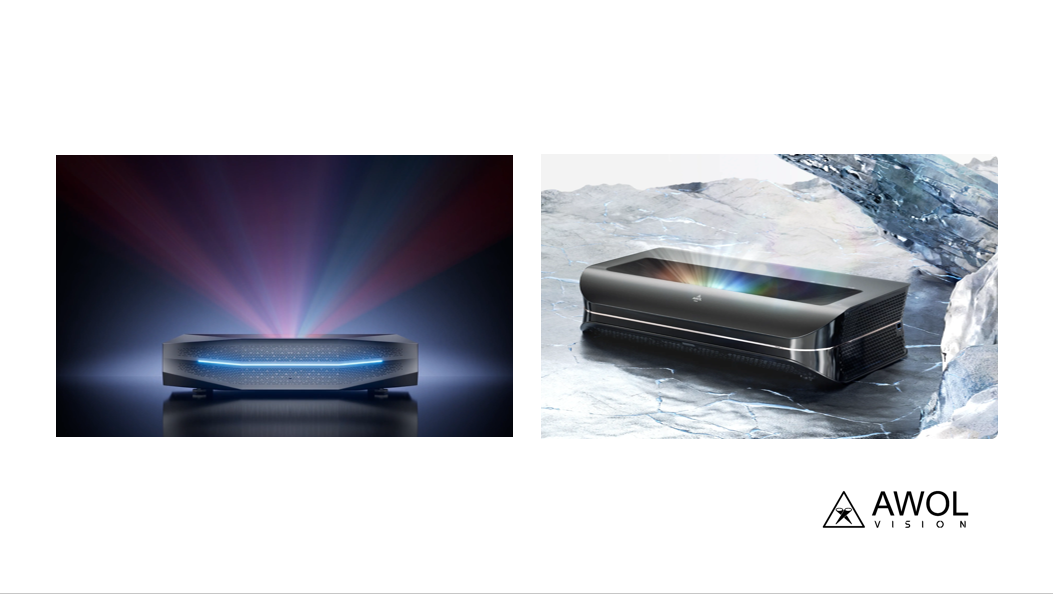 A side-by-side visual comparison of the AWOL Vision LTV-3500 Pro and the newly designed Aetherion series projectors, illustrating the physical evolution between the two home theater models.