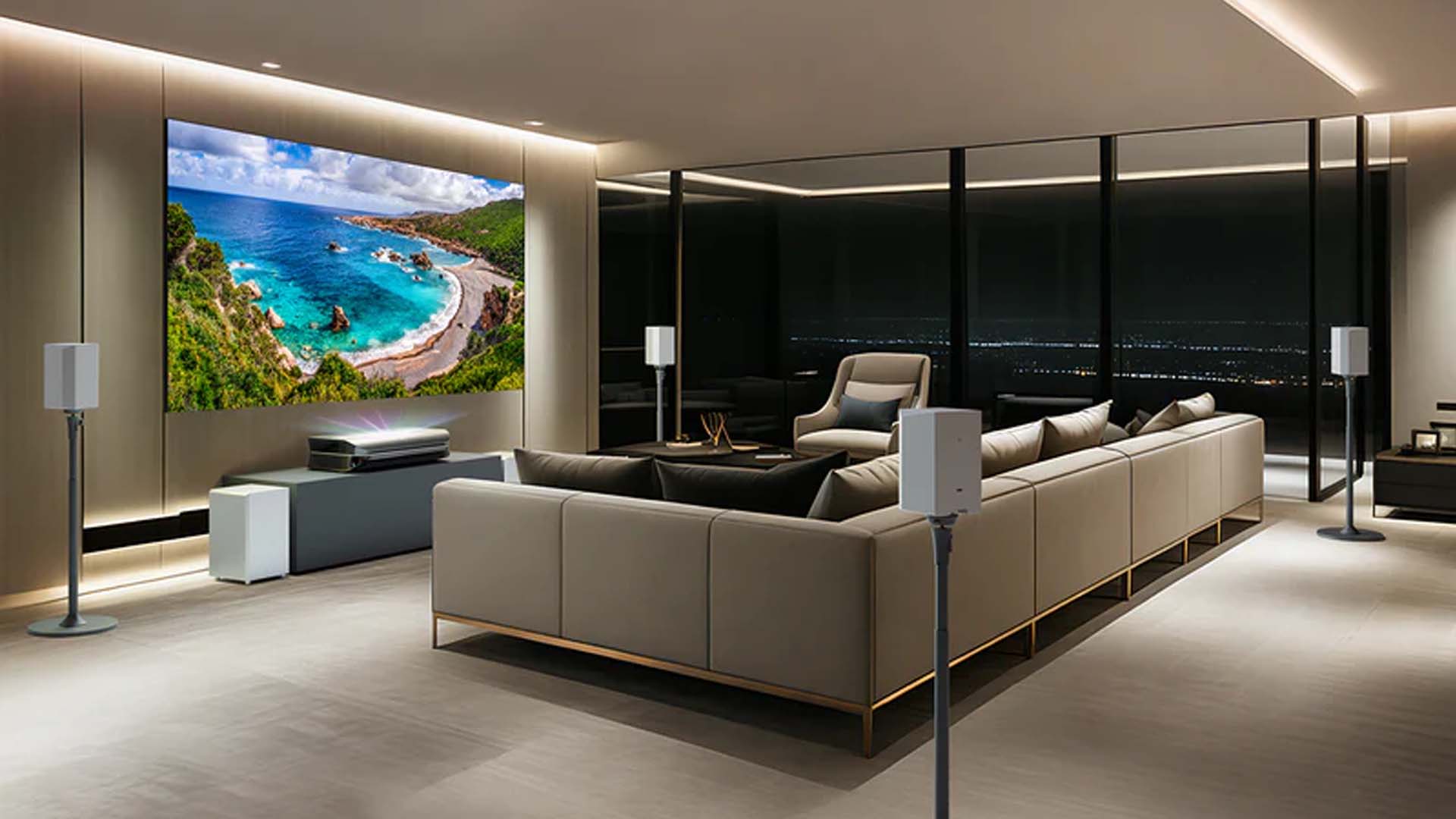 A modern living room home theater featuring a UST laser projector, a large fixed-frame screen displaying a beach scene, and surround sound speakers.