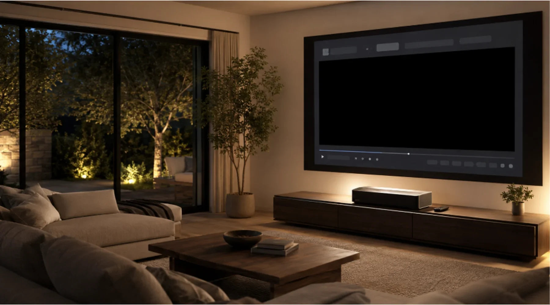 Netflix playback error displayed on a projector screen in a dark home theater room.