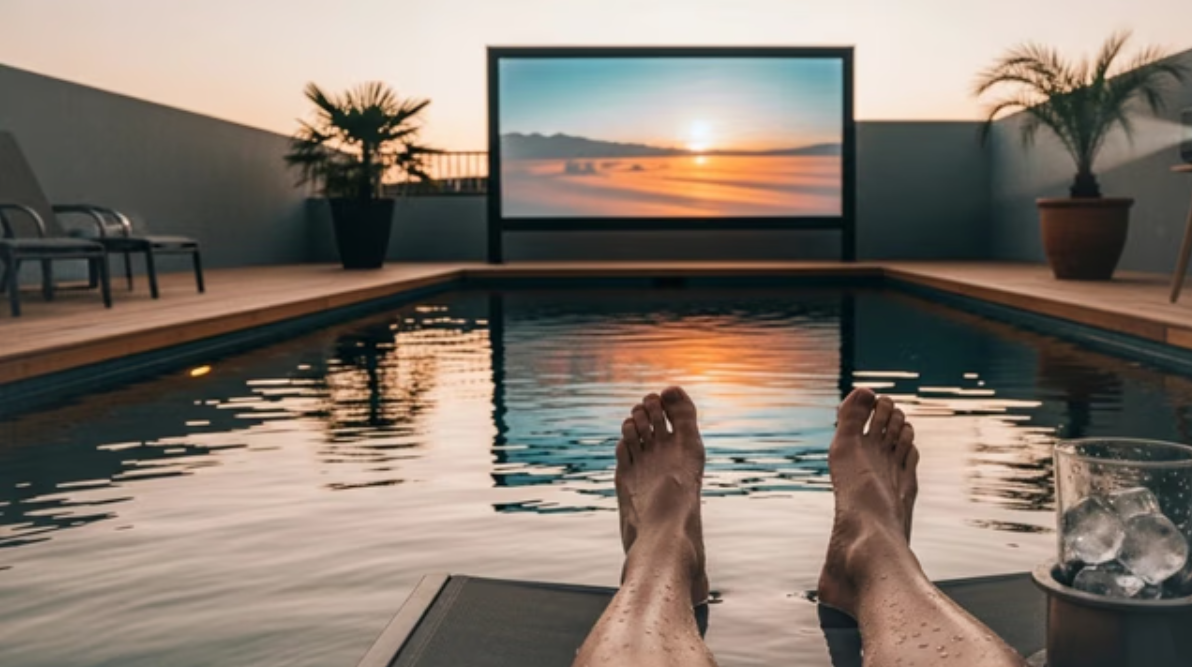 A person's legs are shown dangling in a swimming pool from a first-person perspective, with a movie playing on a large projector screen next to the pool at sunset.