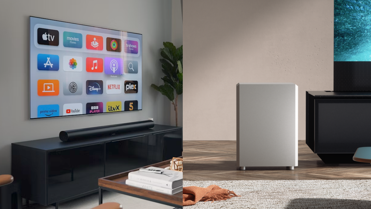 A split image contrasting a home theater with a soundbar under the TV on the left and a standalone subwoofer on the right, representing different audio options.