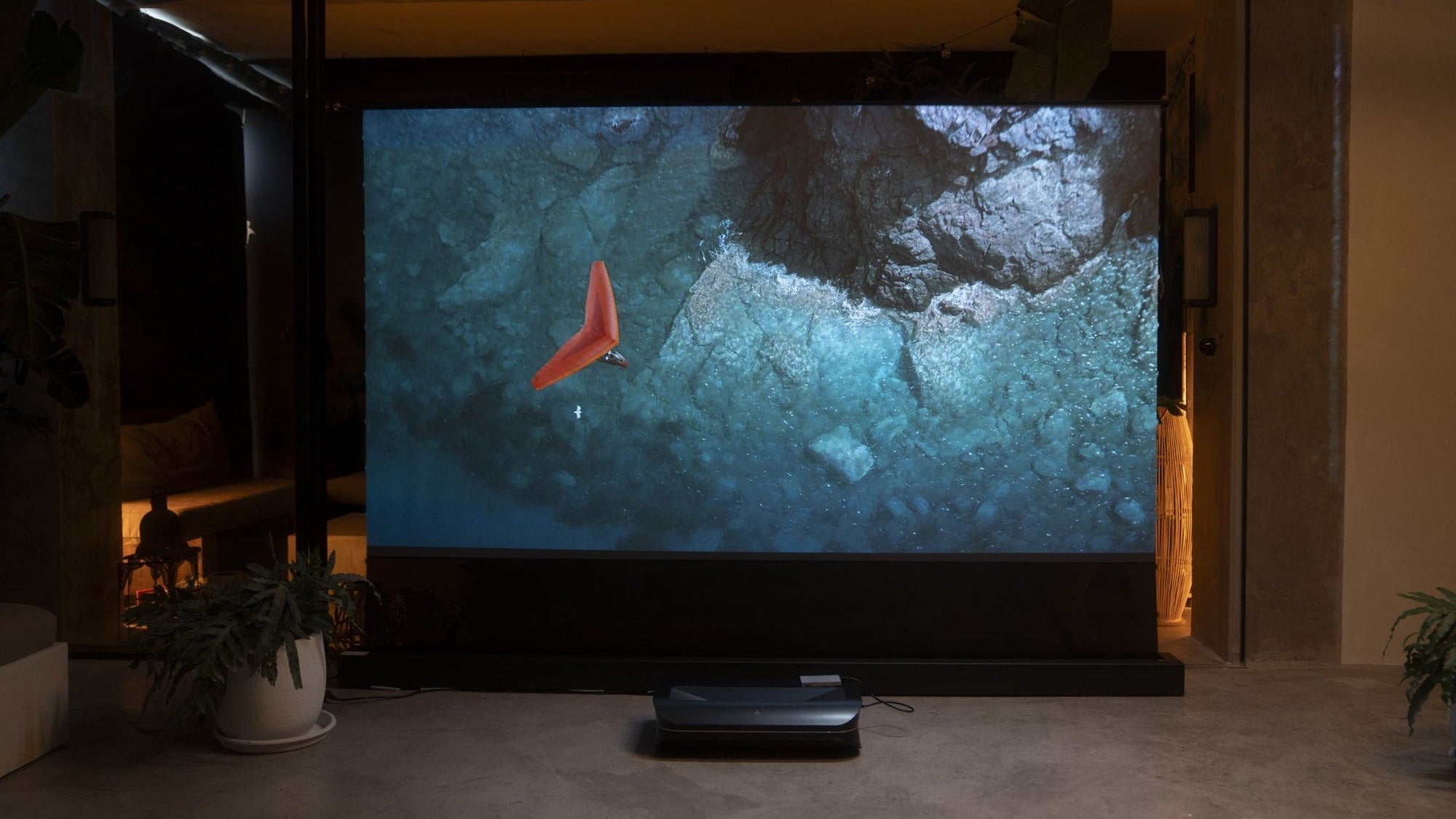 home movie night setup with big projector screen for a theater-like experience