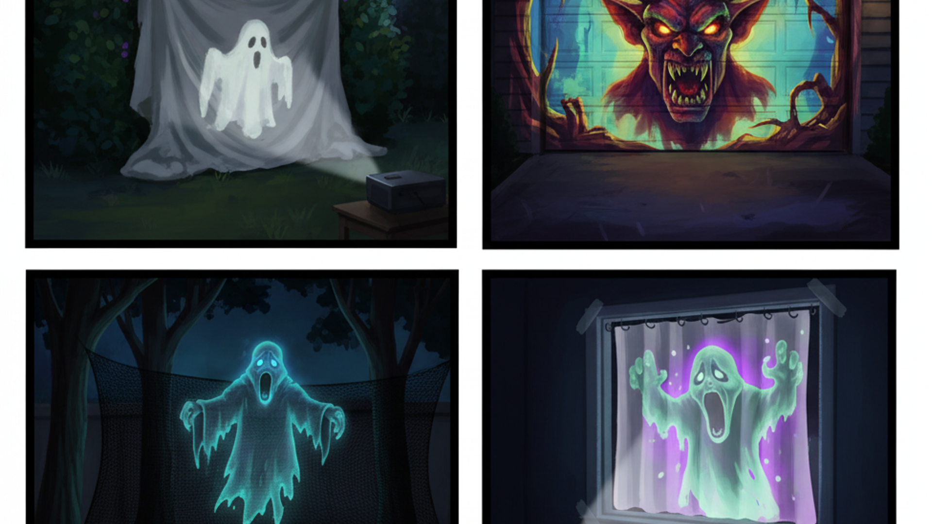 A collage of four illustrations showing different Halloween projector effects, including projecting on a sheet, a garage door, a mesh screen for a "Hollusion," and a window screen.