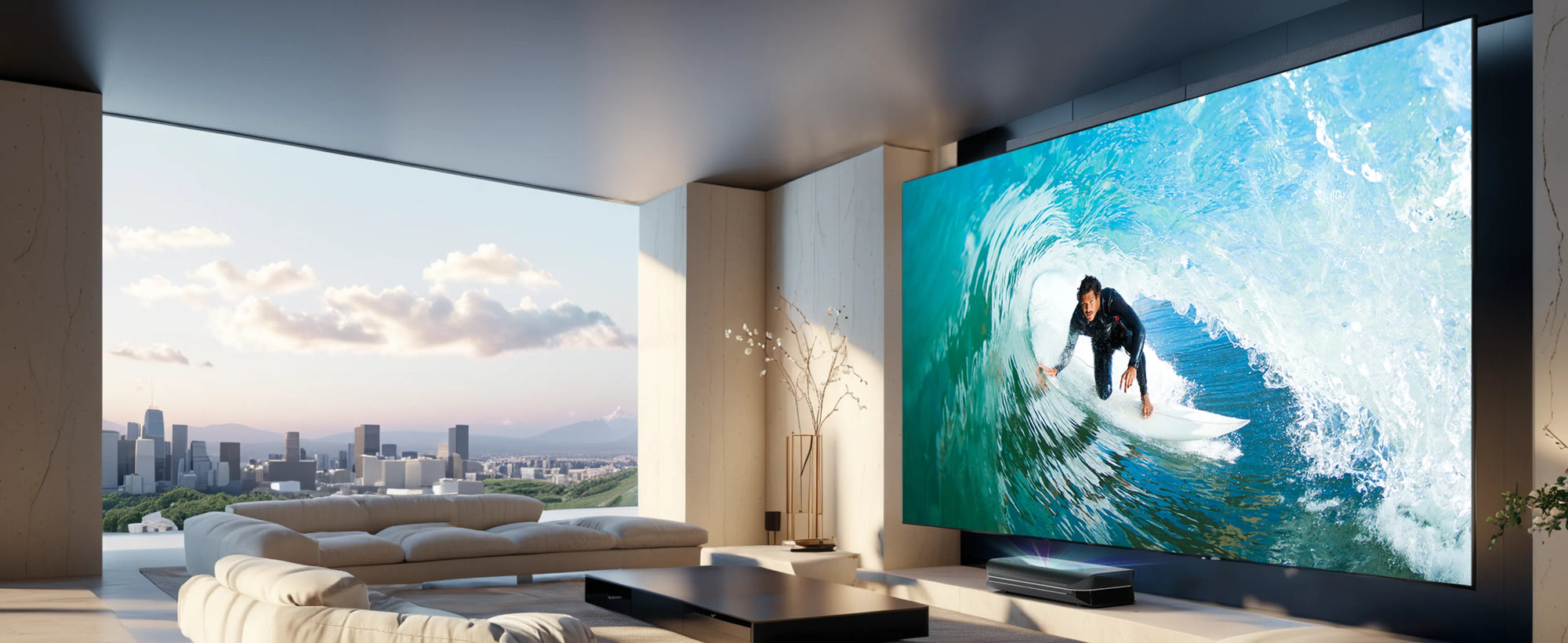 A large projector screen displaying a vibrant surfing scene in a sunlit modern living room with floor-to-ceiling windows, demonstrating daylight viewing capabilities.