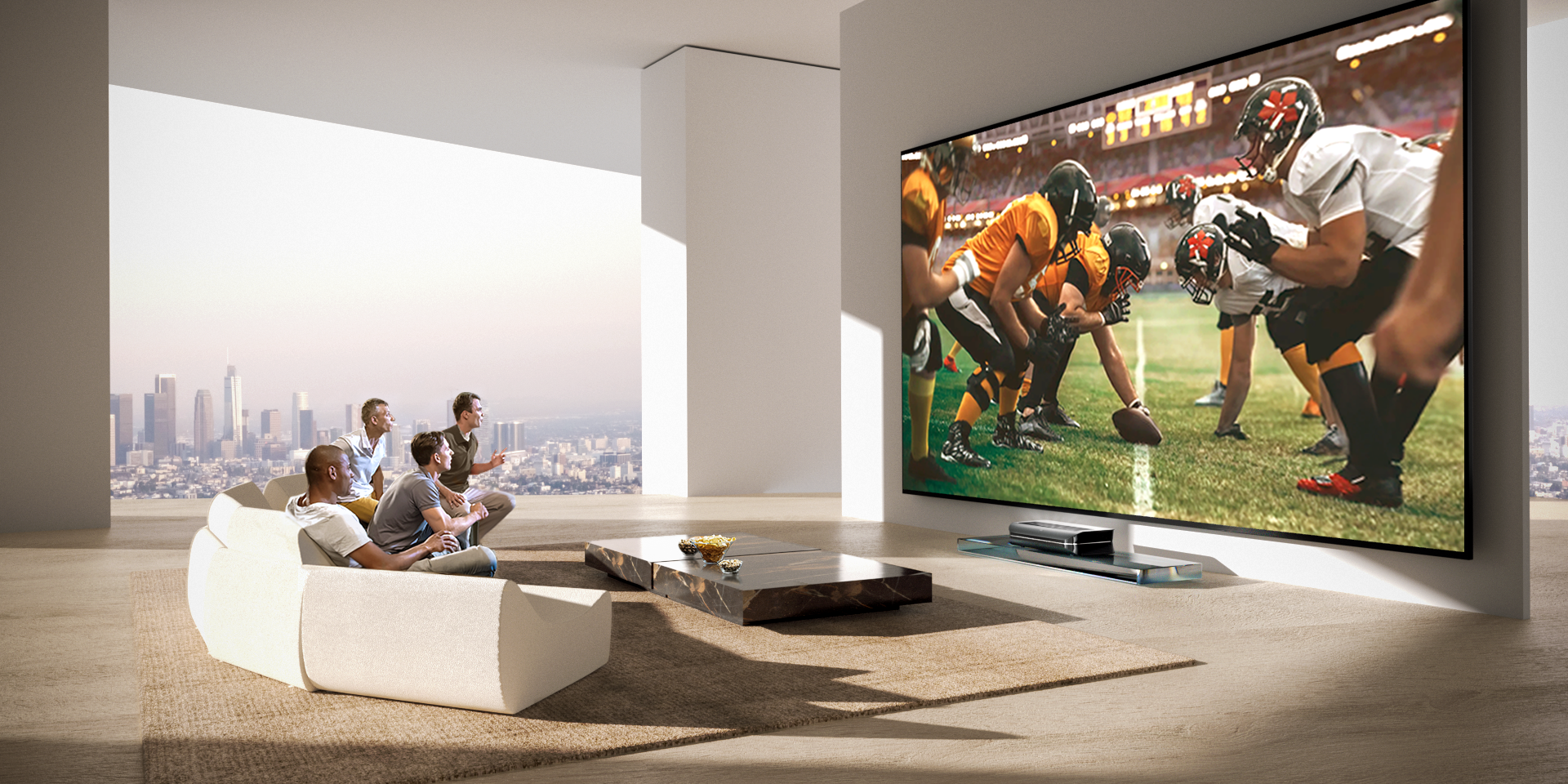A group of friends watches a bright, clear football game on a large projector screen in a modern living room with lots of ambient light.