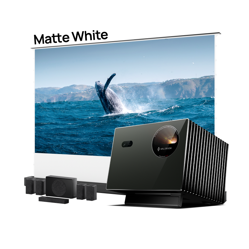 Long-Throw Projector Valerion Pro2 + AWOL Floor Rising Matte White Screen + Valerion ThunderBeat 5.1.2 Bundle