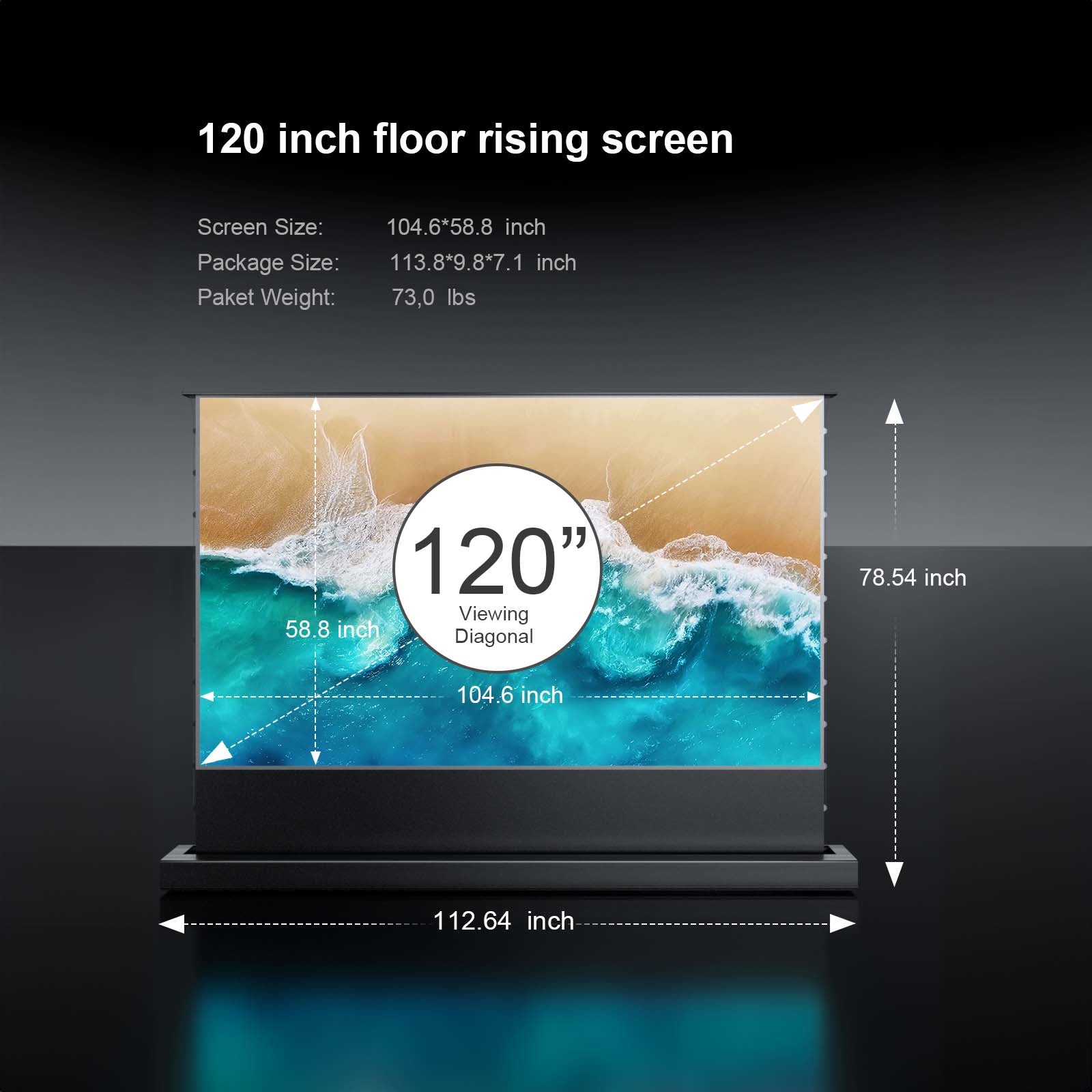 120-inch Cinematic + ALR floor rising projector screen showcasing screen size and package dimensions.