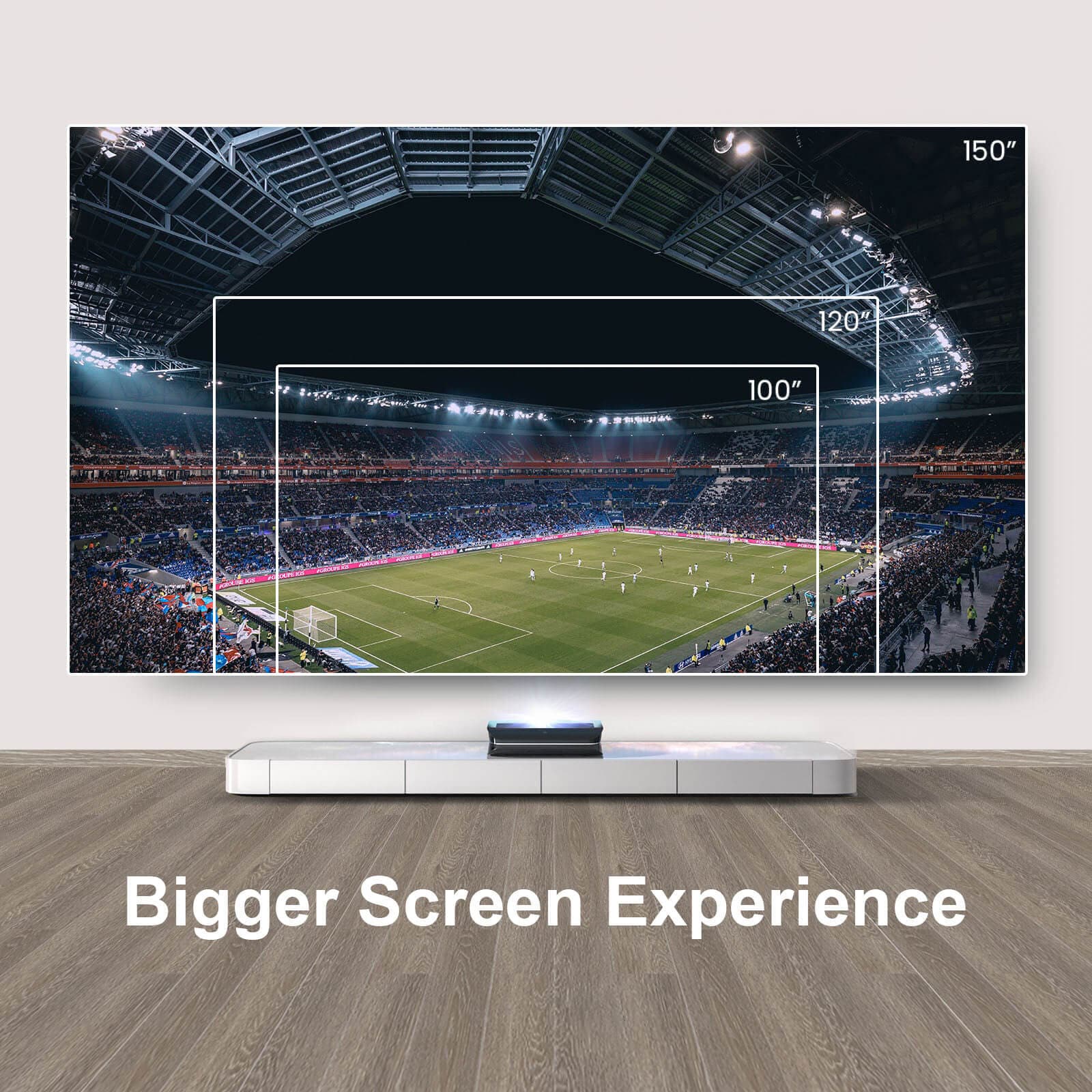 Stadium view demonstrating bigger screen experience with 100-150 inch Lenticular ALR Fixed Frame Projector Screen.