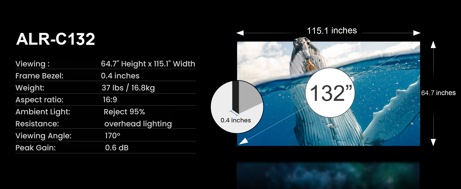 AWOL Vision ALR-C132 132-inch screen specifications including viewing dimensions, frame bezel, weight, aspect ratio, and ambient light resistance.