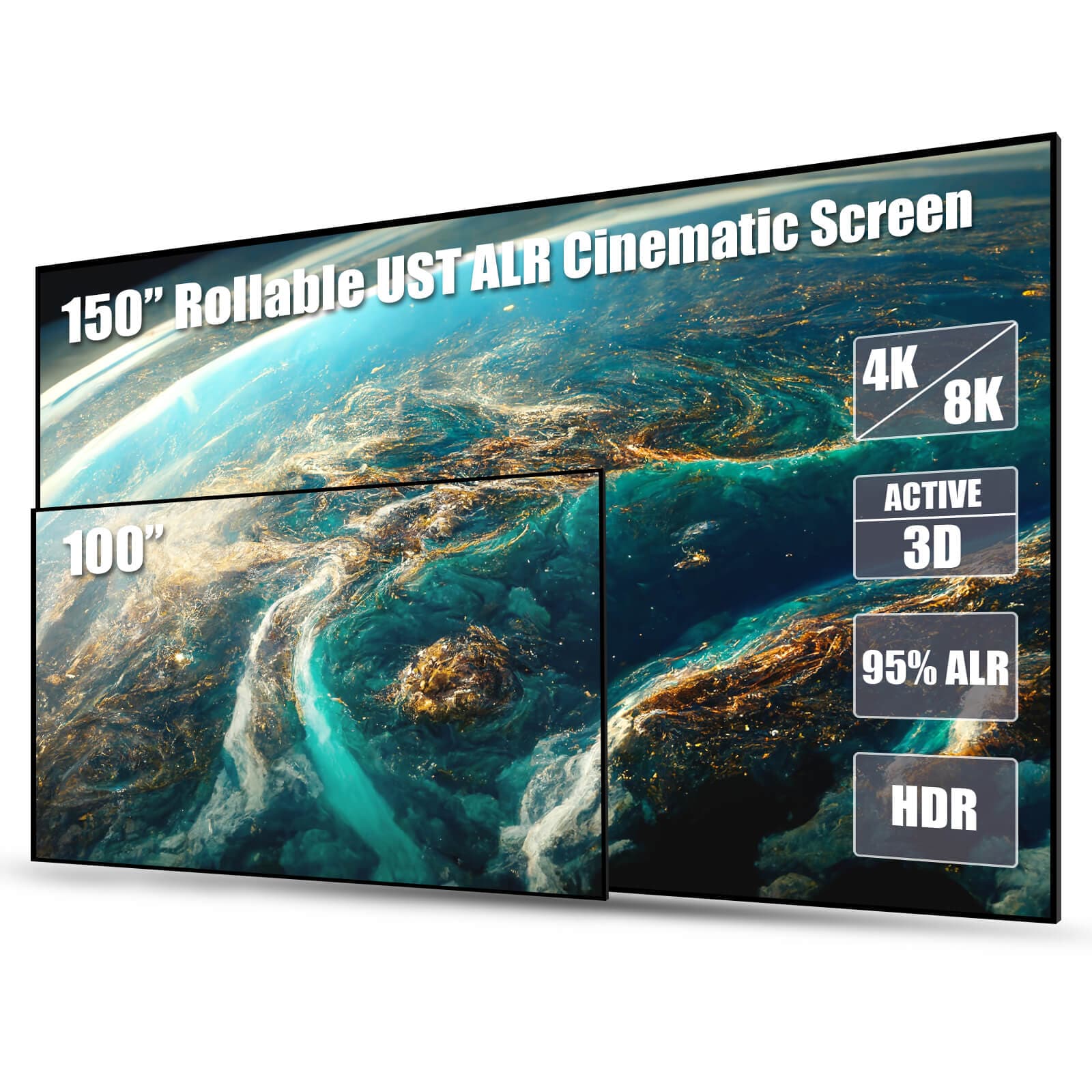 150 inch rollable 100-150 inch Lenticular ALR Fixed Frame Projector Screen supporting 4K 8K HDR and 3D.