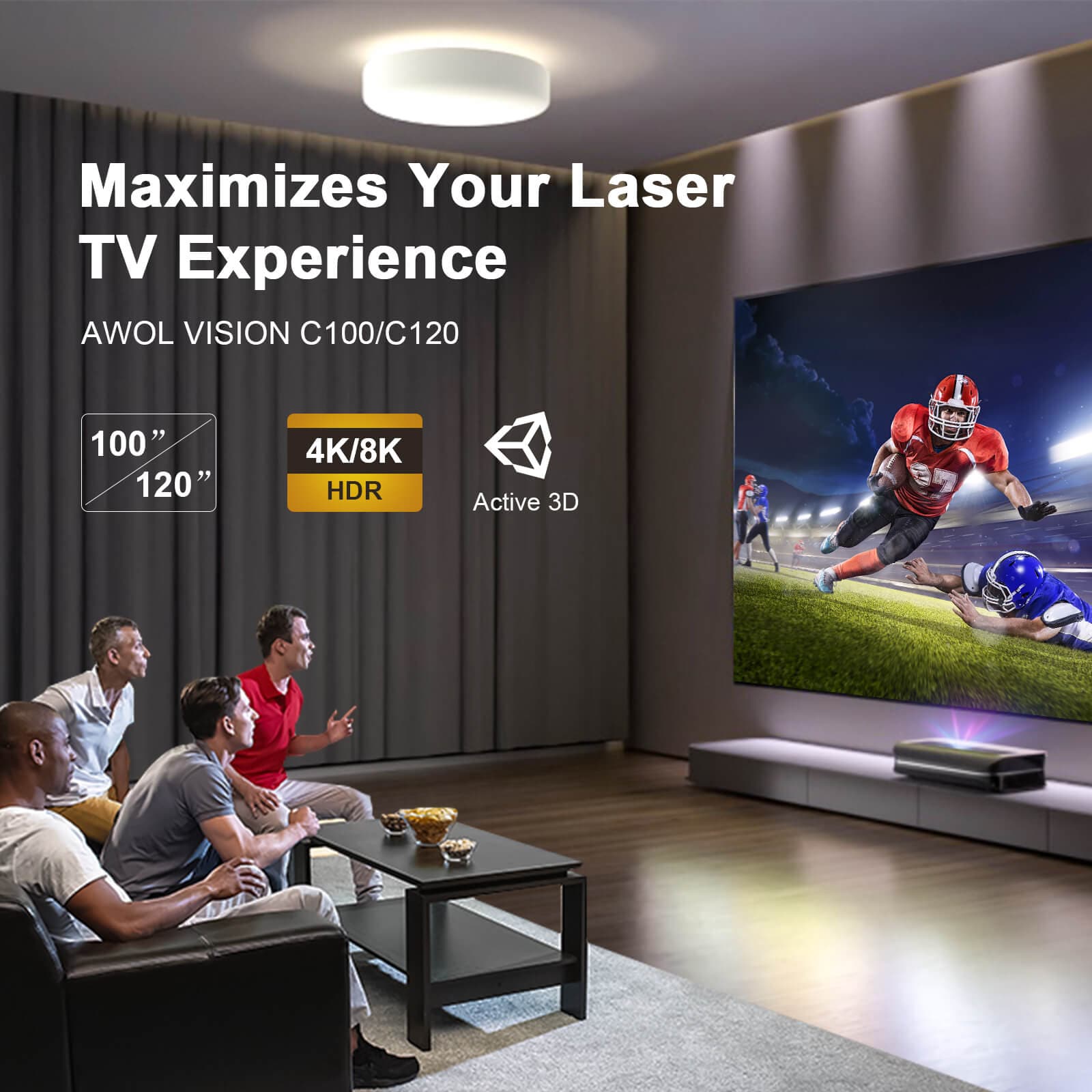 Home theater setup with 100-150 inch Lenticular ALR Fixed Frame Projector Screen showing 4K/8K HDR and Active 3D.