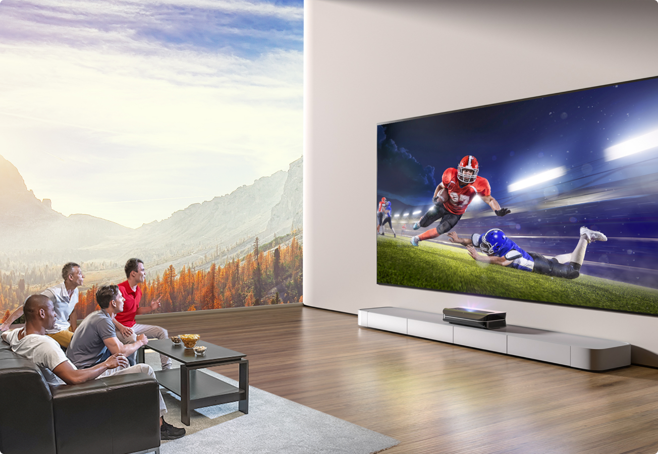 Group of friends enjoying a football match on AWOL Vision projector screen, highlighting the vibrant display technology.