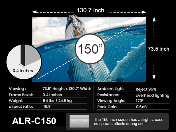 Detailed specifications of Cinematic ALR-C150 150-inch screen, showing dimensions, weight, frame bezel, and viewing angle.