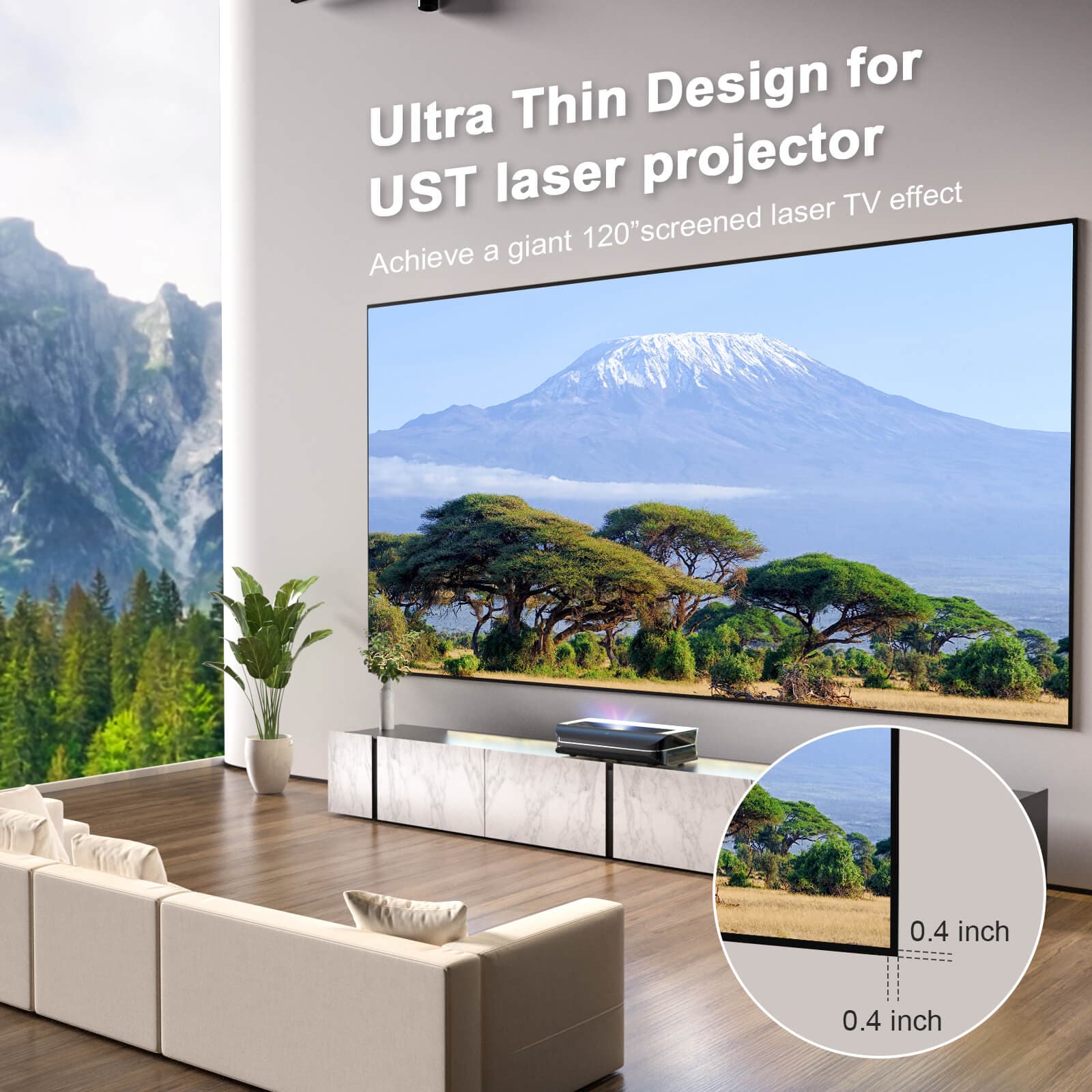 Ultra-thin 100-150 inch Lenticular ALR Fixed Frame Projector Screen design for UST laser projector in modern living room.