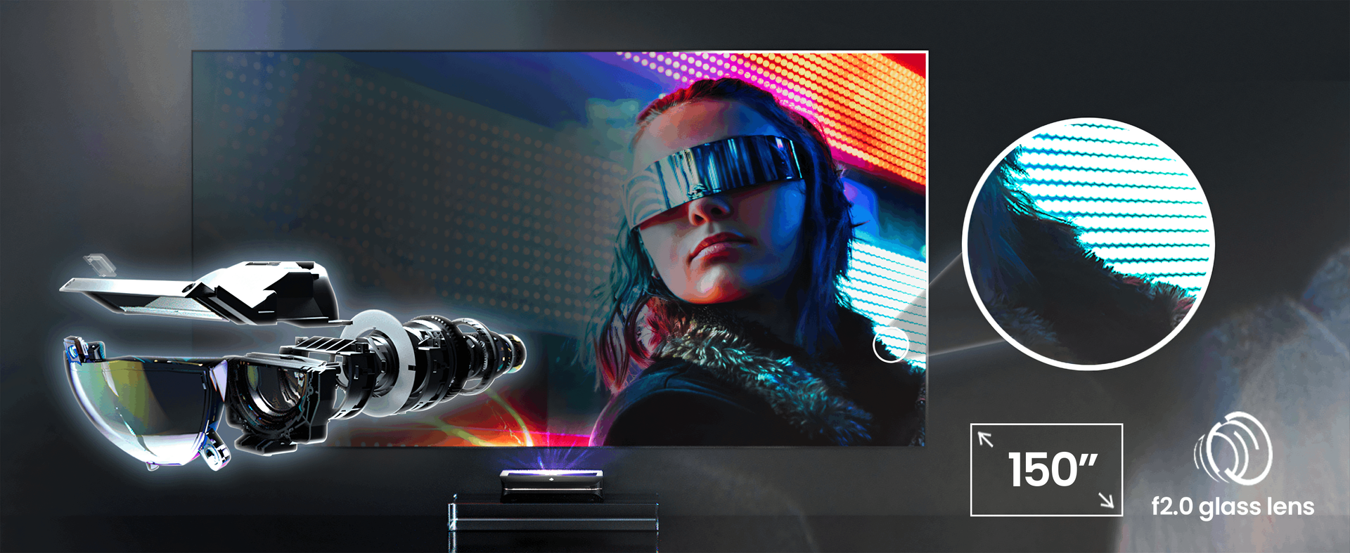 AWOL Vision 4K Laser Projector highlighting its close-to-perfection image clarity on a large 150