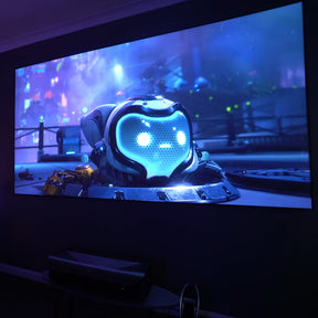 The LTV-3000 Pro projector displaying high-definition video game graphics on a large screen, enhancing the gaming experience.