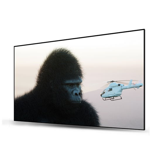 100"-150" Matte White Screen displaying an image of a gorilla and a helicopter, perfect for each projector setups.