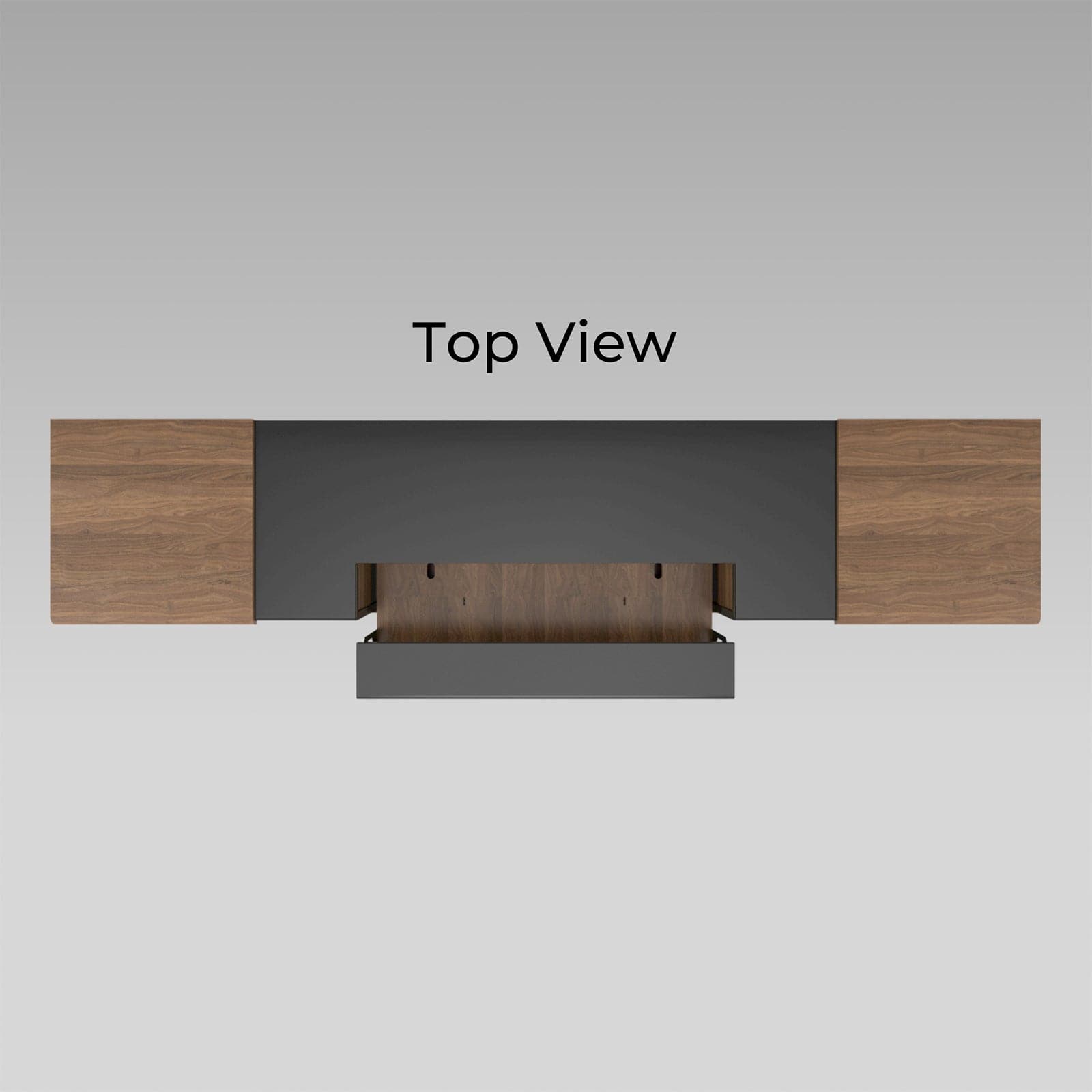 The dimensions of the front and top views of the 150-inch AWOL Vision Smart Cabinet in walnut color are clearly depicted.