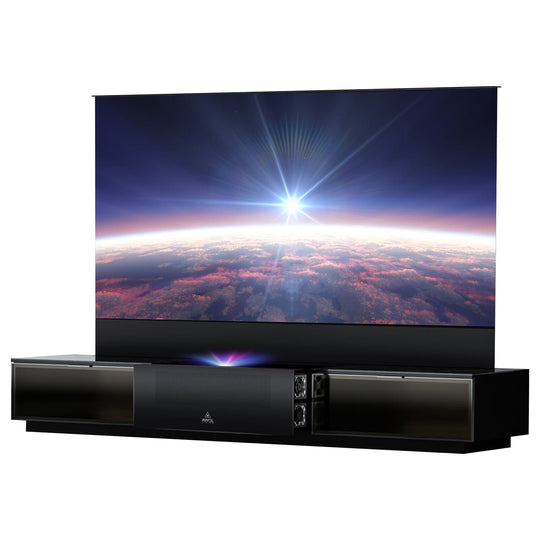AWOL Vision Vanish Laser TV with LTV-3500 4k ust laser projector, motorized screen, and smart cabinet, displaying a cosmic scene for an immersive home cinema experience.