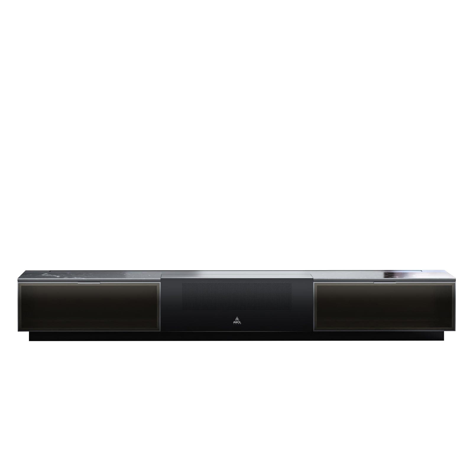 Close-up of AWOL Vision Laser TV's smart cabinet with a sleek design and advanced compartments, seamlessly blending into modern home decor.