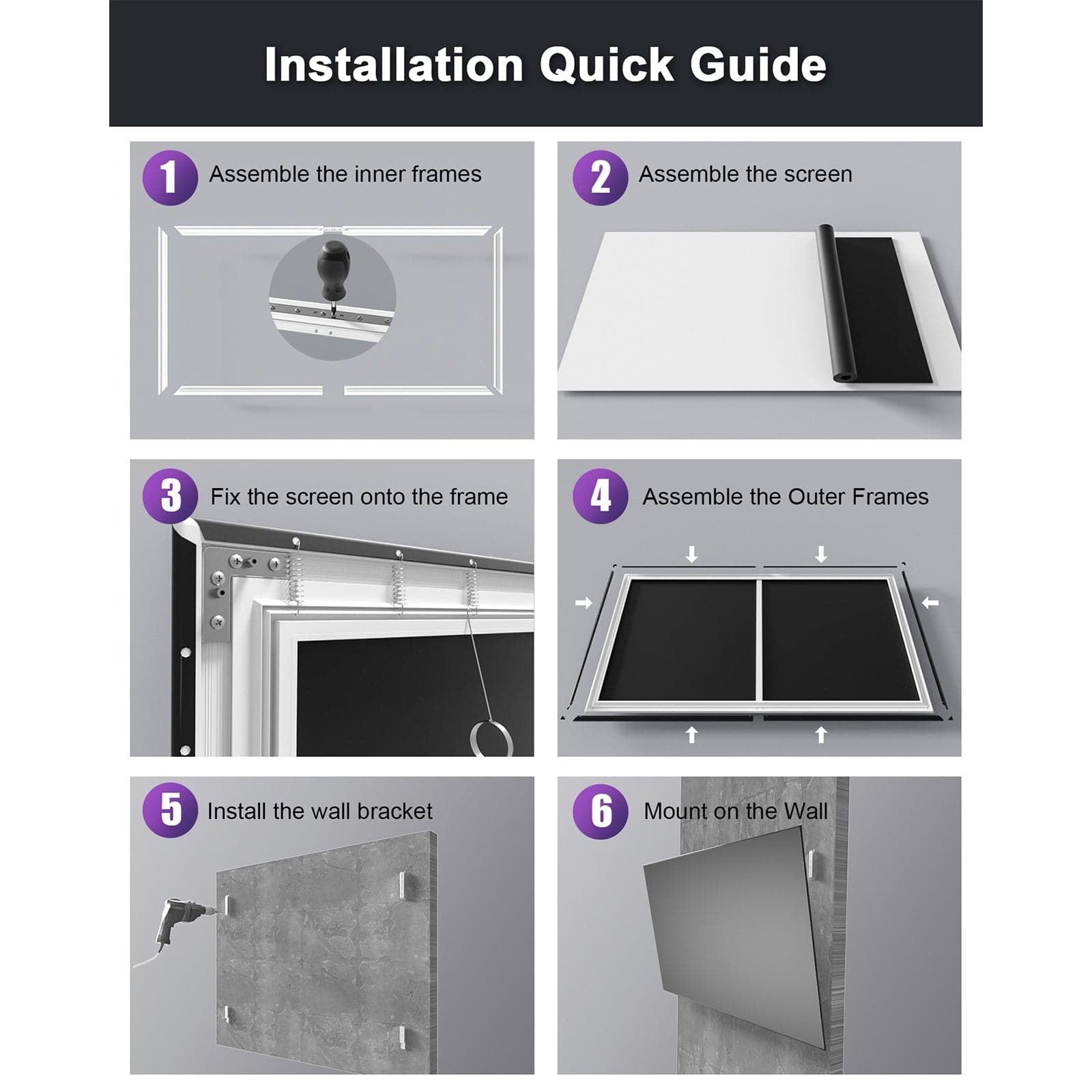 Step-by-step installation guide for 100-150 inch Lenticular ALR Fixed Frame Projector Screen with wall mounting.