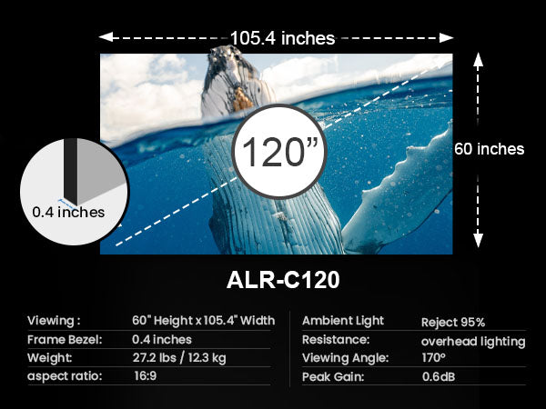 Cinematic ALR 120-inch screen specifications including viewing dimensions, aspect ratio and ambient light resistance.