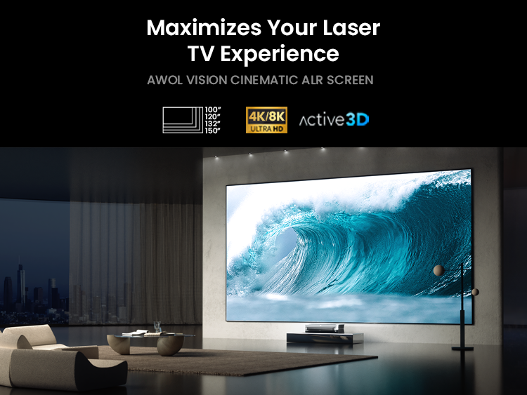 AWOL Vision Cinematic ALR Screen displaying 4K/8K HDR content in a modern living room.