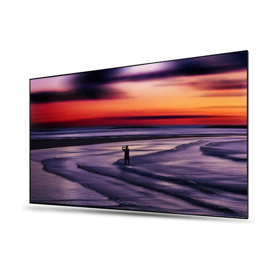 Cinematic 100" to 150" ALR screen designed for exclusive use with UST projectors, capturing a breathtaking beach sunset scene.