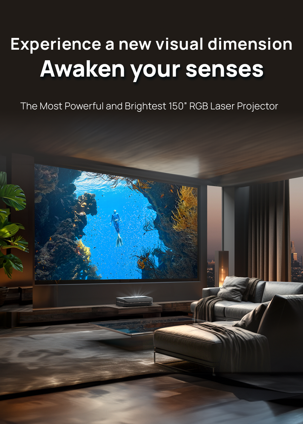 Spacious living room featuring AWOL Vision's powerful and bright 150” RGB Laser Projector, enhancing the visual experience.