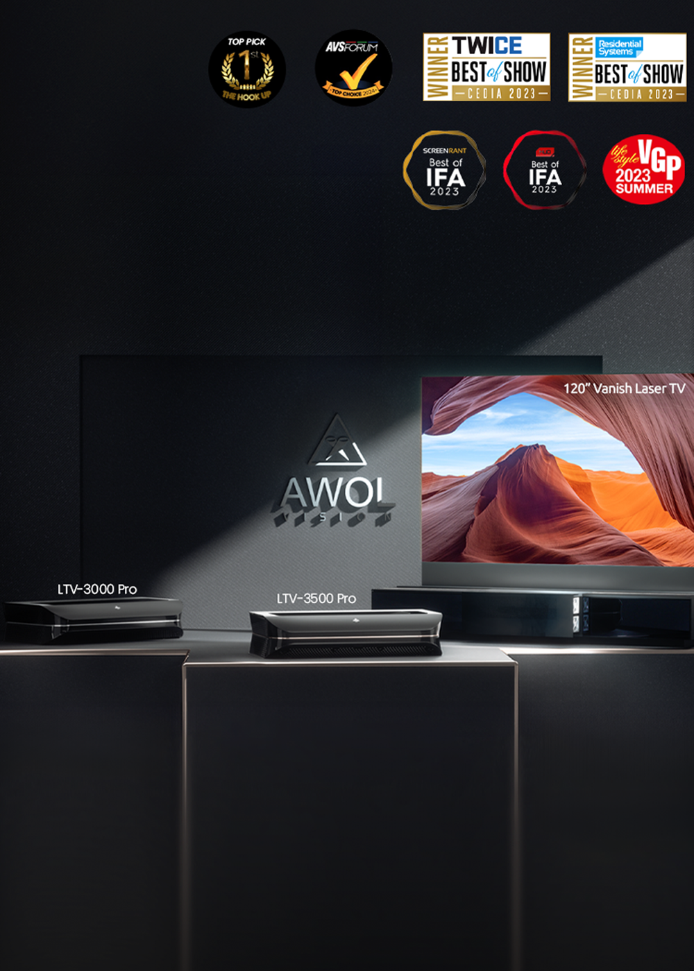 AWOL Vision LTV-3000 Pro and LTV-3500 Pro projectors displayed with multiple industry awards, showcasing the brand's recognized achievements in advanced projector technology.