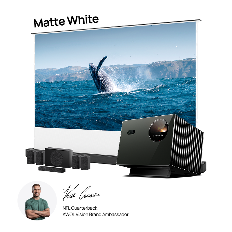 Long-Throw Projector Valerion Pro2 + AWOL Floor Rising Matte White Screen + Valerion ThunderBeat 5.1.2 Bundle