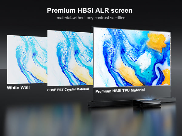 Comparison of Premium HBSI ALR Screen materials with white wall and crystal material, highlighting the high-quality Cinematic+ ALR Screen.
