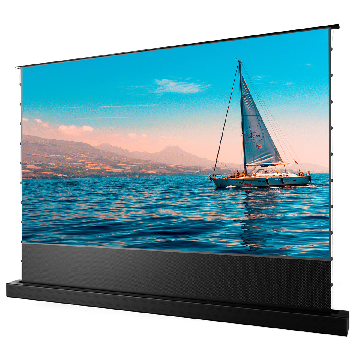 AWOL Vision Cinematic+ ALR motorized floor rising projector screen displays a scenic image of a sailboat on the water.