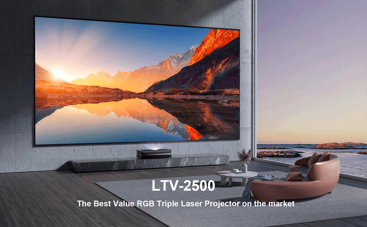 Sunset view over a reflective lake projected in a modern home theater setup featuring the LTV-2500 RGB Triple Laser Projector.