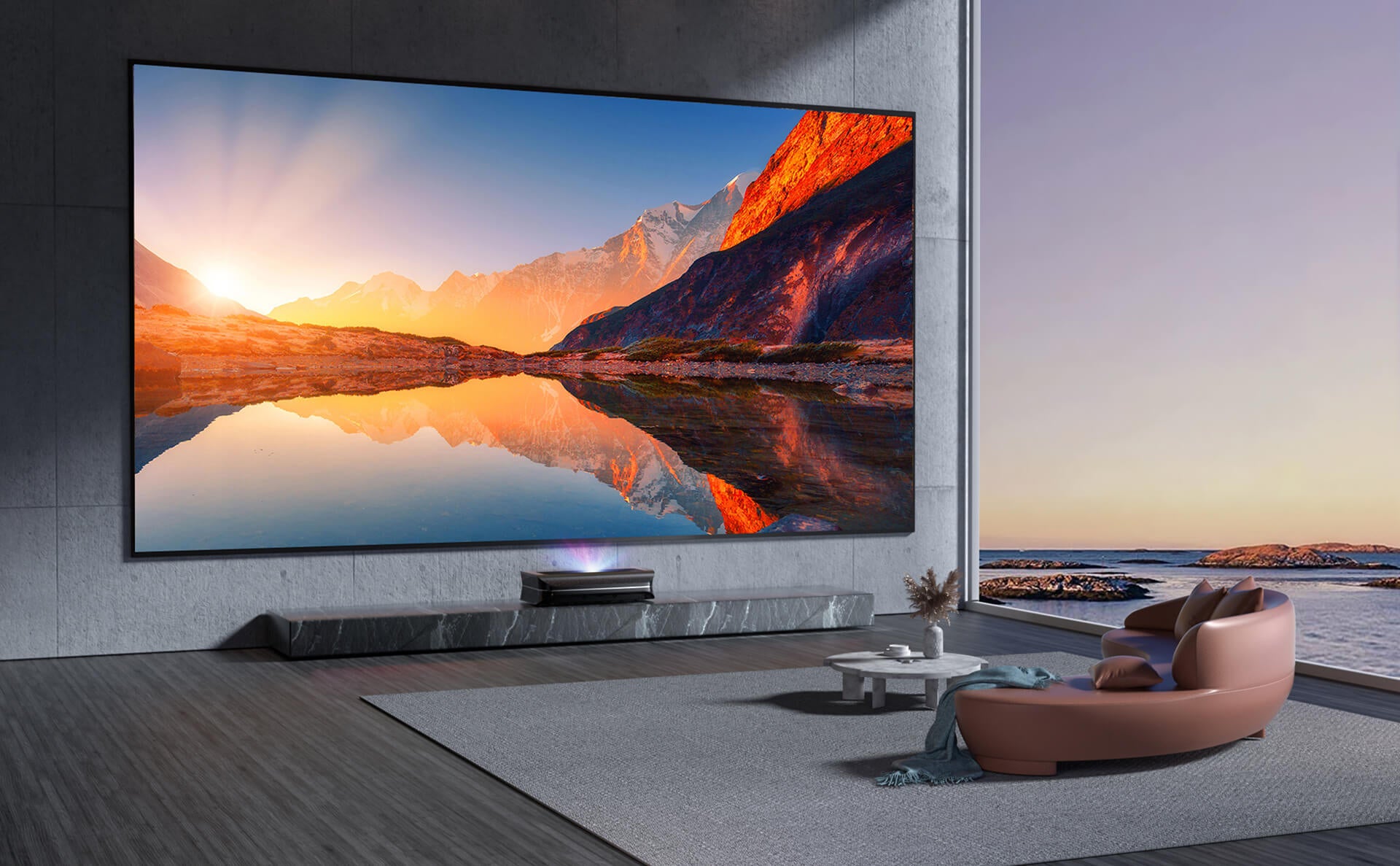 LTV-2500 RGB Triple Laser Projector displaying a stunning sunset landscape in a stylish living room.
