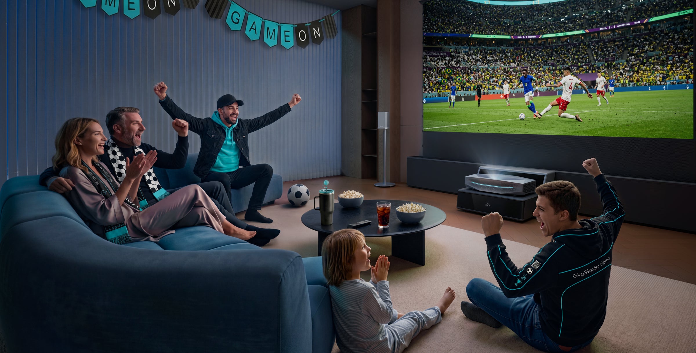 Family watching FIFA world cup soccer match on a large screen in a home theater setting.