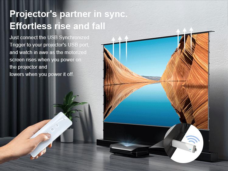 Cinematic+ ALR Screen showing sync feature with projector, highlighting rise and fall with remote and USB trigger.