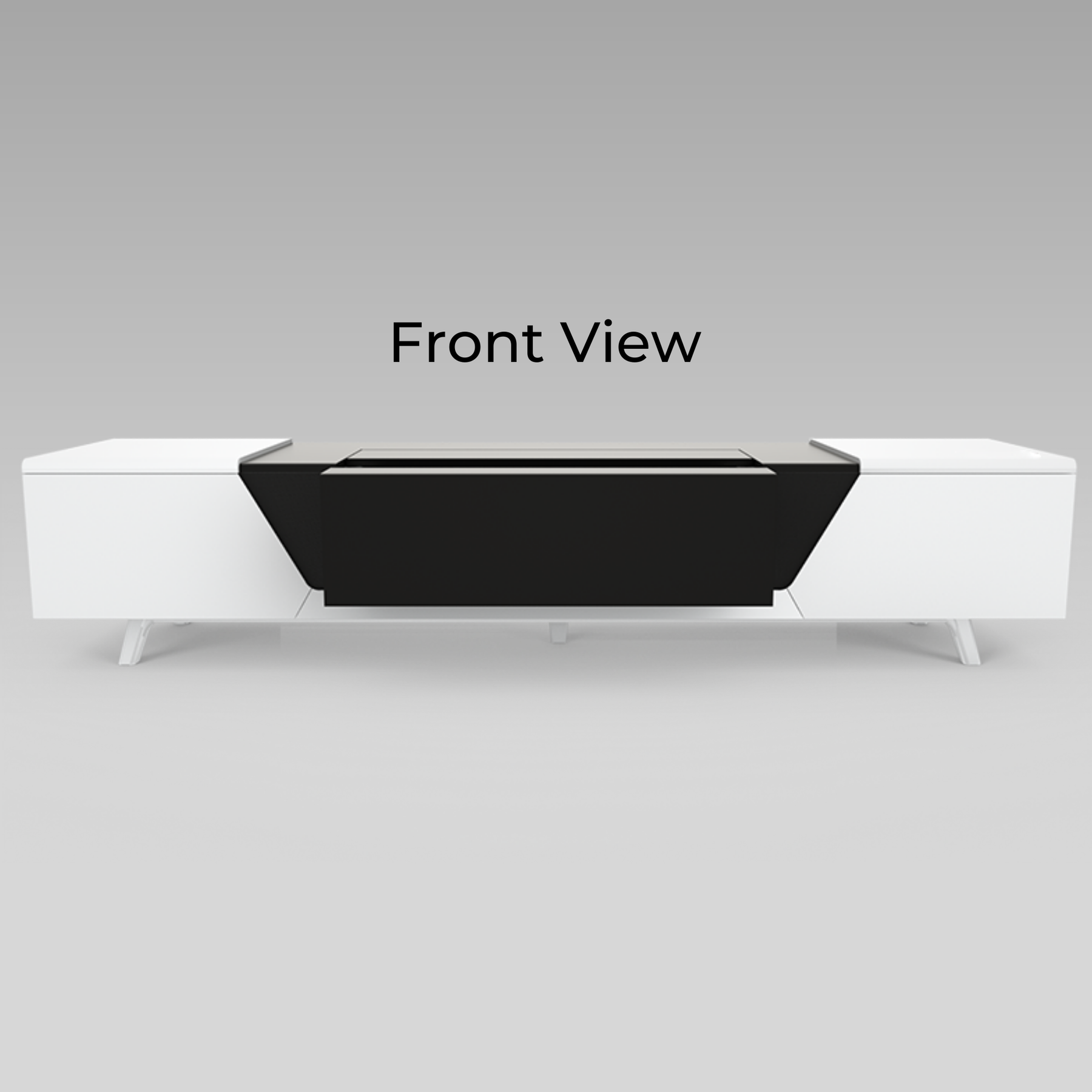 Vividly showing the dimensions of the front view and top view of the 120-inch AWOL Vision AWOL Vision Smart Cabinet in walnut color.
