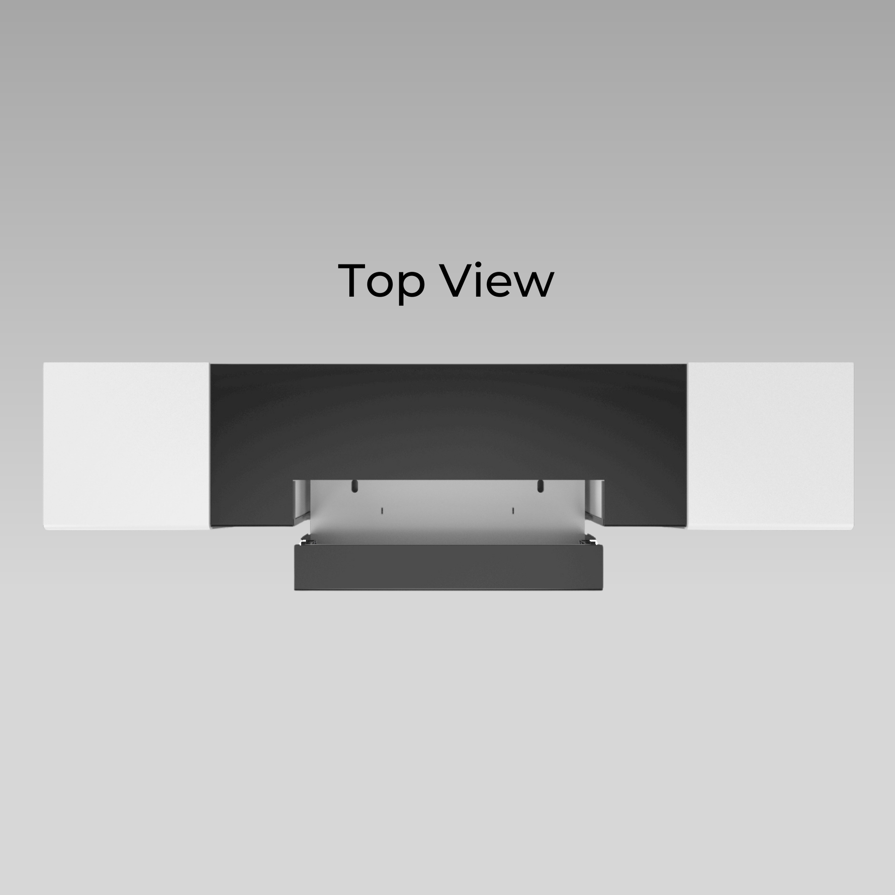 The dimensions of the front view and top view of the 120-inch AWOL Vision Smart Cabinet in white color are vividly shown.