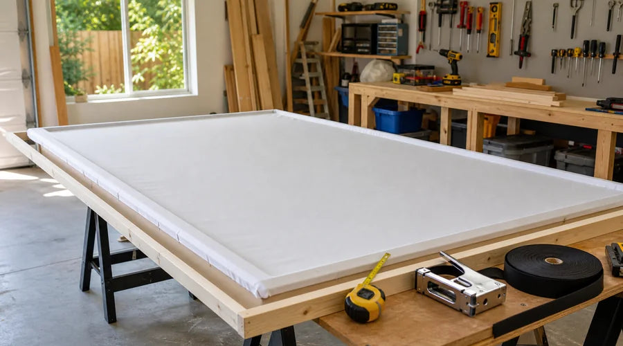 DIY projector screen being assembled on a wooden frame in a workshop.